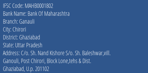 Bank Of Maharashtra Ganauli Branch Ghaziabad IFSC Code MAHB0001802