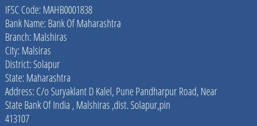 Bank Of Maharashtra Malshiras Branch, Branch Code 001838 & IFSC Code Mahb0001838