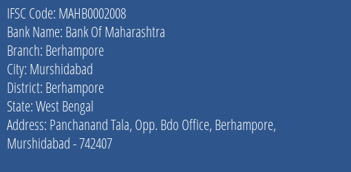 Bank Of Maharashtra Berhampore Branch Berhampore IFSC Code MAHB0002008