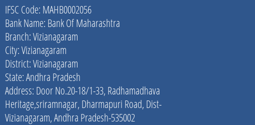 Bank Of Maharashtra Vizianagaram Branch Vizianagaram IFSC Code MAHB0002056
