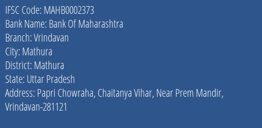 Bank Of Maharashtra Vrindavan Branch, Branch Code 002373 & IFSC Code Mahb0002373