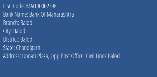 Bank Of Maharashtra Balod Branch Balod IFSC Code MAHB0002398