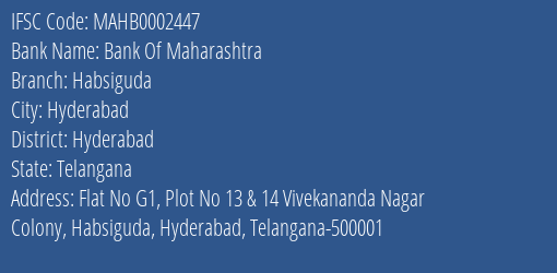 Bank Of Maharashtra Habsiguda Branch Hyderabad IFSC Code MAHB0002447