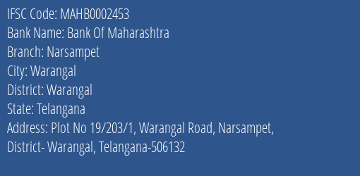 Bank Of Maharashtra Narsampet Branch Warangal IFSC Code MAHB0002453