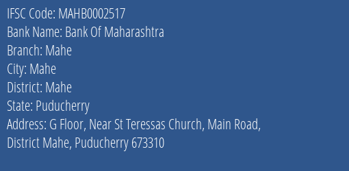 Bank Of Maharashtra Mahe Branch Mahe IFSC Code MAHB0002517