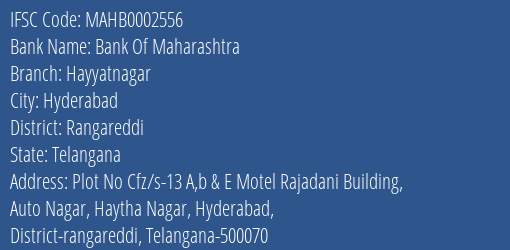 Bank Of Maharashtra Hayyatnagar Branch Rangareddi IFSC Code MAHB0002556