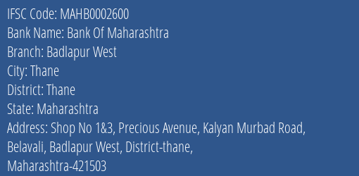 Bank Of Maharashtra Badlapur West Branch, Branch Code 002600 & IFSC Code Mahb0002600