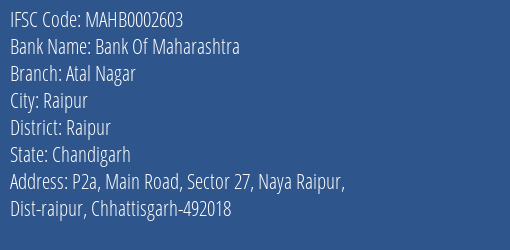 Bank Of Maharashtra Atal Nagar Branch Raipur IFSC Code MAHB0002603
