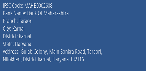 Bank Of Maharashtra Taraori Branch Karnal IFSC Code MAHB0002608