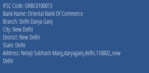 Oriental Bank Of Commerce Delhi Darya Ganj Branch New Delhi IFSC Code ORBC0100013