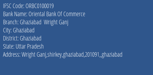 Oriental Bank Of Commerce Ghaziabad Wright Ganj Branch Ghaziabad IFSC Code ORBC0100019