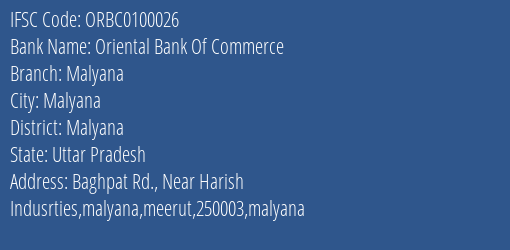 Oriental Bank Of Commerce Malyana Branch Malyana IFSC Code ORBC0100026