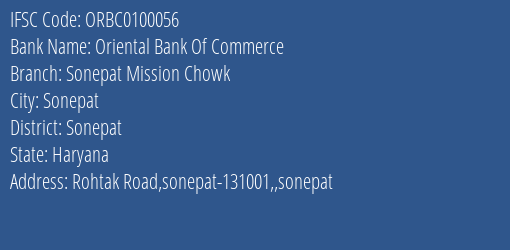 Oriental Bank Of Commerce Sonepat Mission Chowk Branch Sonepat IFSC Code ORBC0100056