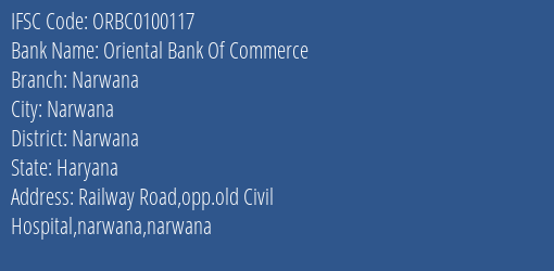 Oriental Bank Of Commerce Narwana Branch Narwana IFSC Code ORBC0100117