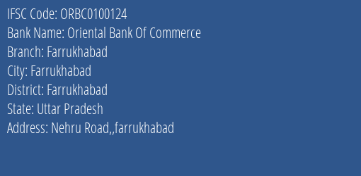 Oriental Bank Of Commerce Farrukhabad Branch Farrukhabad IFSC Code ORBC0100124