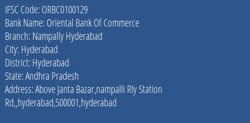 Oriental Bank Of Commerce Nampally Hyderabad Branch Hyderabad IFSC Code ORBC0100129