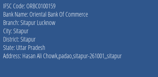 Oriental Bank Of Commerce Sitapur Lucknow Branch Sitapur IFSC Code ORBC0100159