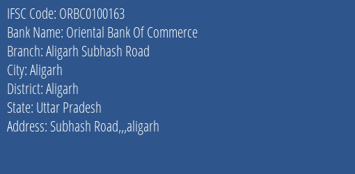 Oriental Bank Of Commerce Aligarh Subhash Road Branch, Branch Code 100163 & IFSC Code ORBC0100163
