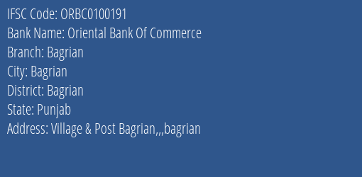 Oriental Bank Of Commerce Bagrian Branch Bagrian IFSC Code ORBC0100191