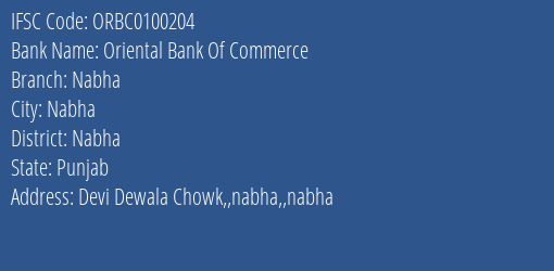 Oriental Bank Of Commerce Nabha Branch Nabha IFSC Code ORBC0100204