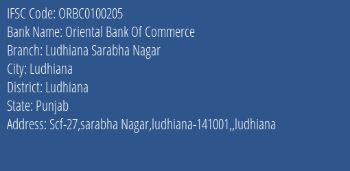 Oriental Bank Of Commerce Ludhiana Sarabha Nagar Branch Ludhiana IFSC Code ORBC0100205