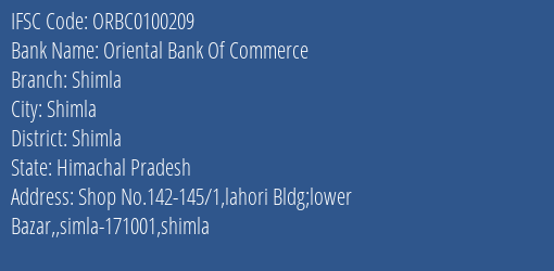 Oriental Bank Of Commerce Shimla Branch Shimla IFSC Code ORBC0100209