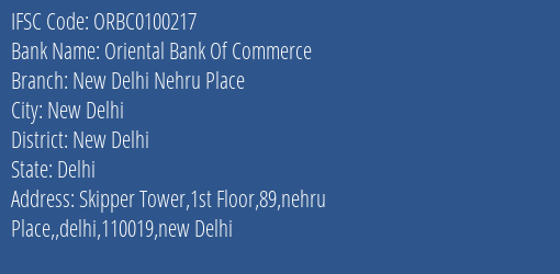 Oriental Bank Of Commerce New Delhi Nehru Place Branch New Delhi IFSC Code ORBC0100217