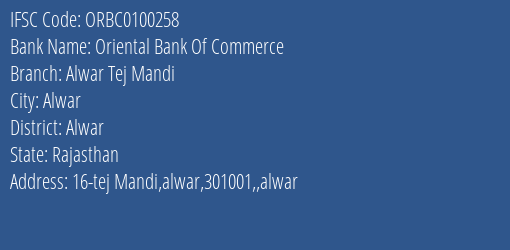 Oriental Bank Of Commerce Alwar Tej Mandi Branch Alwar IFSC Code ORBC0100258