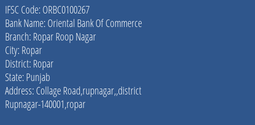 Oriental Bank Of Commerce Ropar Roop Nagar Branch Ropar IFSC Code ORBC0100267