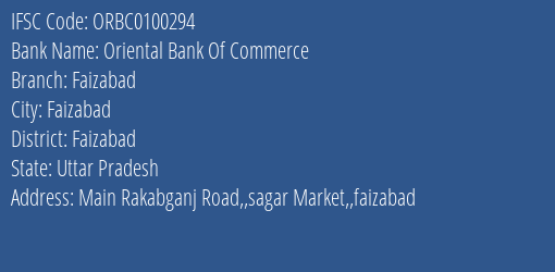 Oriental Bank Of Commerce Faizabad Branch Faizabad IFSC Code ORBC0100294