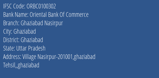 Oriental Bank Of Commerce Ghaziabad Nasirpur Branch Ghaziabad IFSC Code ORBC0100302