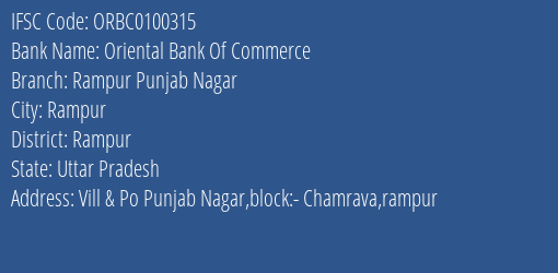 Oriental Bank Of Commerce Rampur Punjab Nagar Branch Rampur IFSC Code ORBC0100315