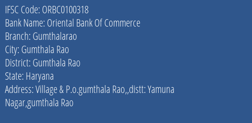 Oriental Bank Of Commerce Gumthalarao Branch Gumthala Rao IFSC Code ORBC0100318