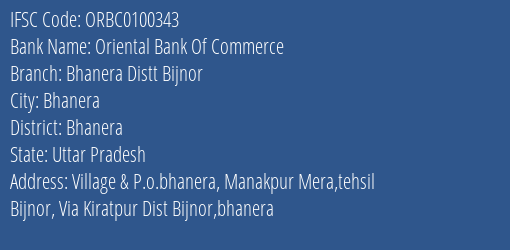 Oriental Bank Of Commerce Bhanera Distt Bijnor Branch Bhanera IFSC Code ORBC0100343