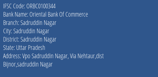 Oriental Bank Of Commerce Sadruddin Nagar Branch Sadruddin Nagar IFSC Code ORBC0100344