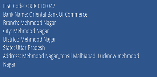 Oriental Bank Of Commerce Mehmood Nagar Branch Mehmood Nagar IFSC Code ORBC0100347