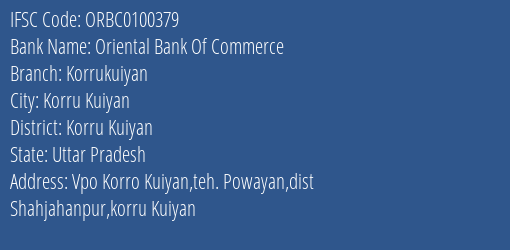 Oriental Bank Of Commerce Korrukuiyan Branch Korru Kuiyan IFSC Code ORBC0100379