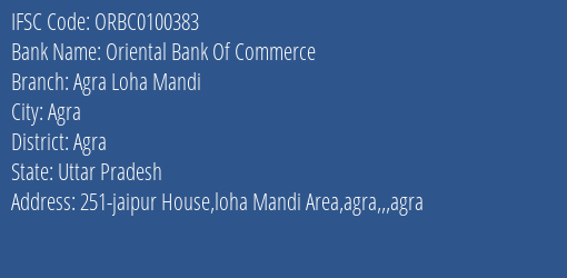 Oriental Bank Of Commerce Agra Loha Mandi Branch Agra IFSC Code ORBC0100383