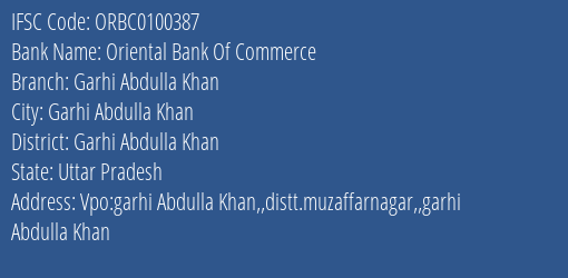 Oriental Bank Of Commerce Garhi Abdulla Khan Branch Garhi Abdulla Khan IFSC Code ORBC0100387