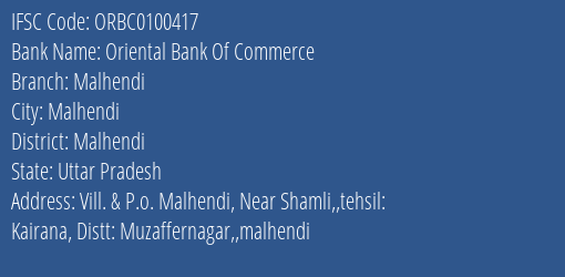Oriental Bank Of Commerce Malhendi Branch Malhendi IFSC Code ORBC0100417
