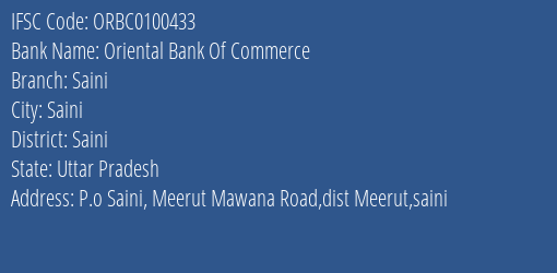 Oriental Bank Of Commerce Saini Branch, Branch Code 100433 & IFSC Code ORBC0100433
