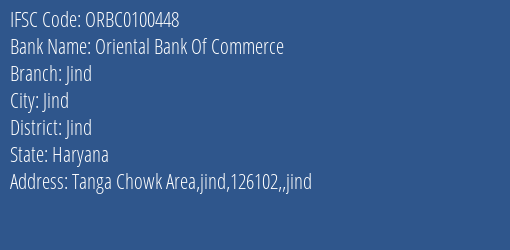Oriental Bank Of Commerce Jind Branch Jind IFSC Code ORBC0100448