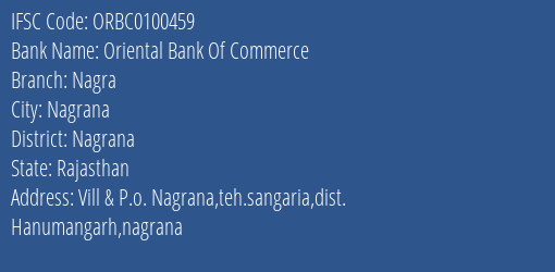 Oriental Bank Of Commerce Nagra Branch Nagrana IFSC Code ORBC0100459
