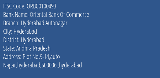 Oriental Bank Of Commerce Hyderabad Autonagar Branch Hyderabad IFSC Code ORBC0100493