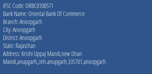Oriental Bank Of Commerce Anoopgarh Branch Anoopgarh IFSC Code ORBC0100571