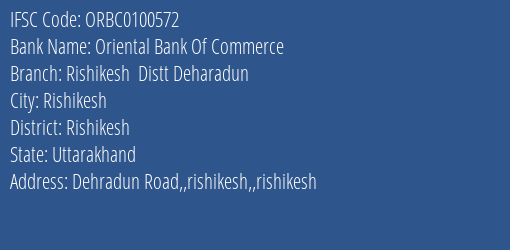 Oriental Bank Of Commerce Rishikesh Distt Deharadun Branch Rishikesh IFSC Code ORBC0100572