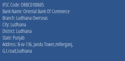 Oriental Bank Of Commerce Ludhiana Overseas Branch Ludhiana IFSC Code ORBC0100605