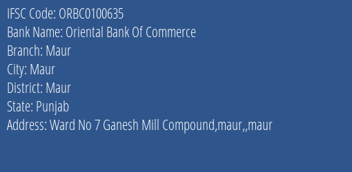 Oriental Bank Of Commerce Maur Branch, Branch Code 100635 & IFSC Code ORBC0100635