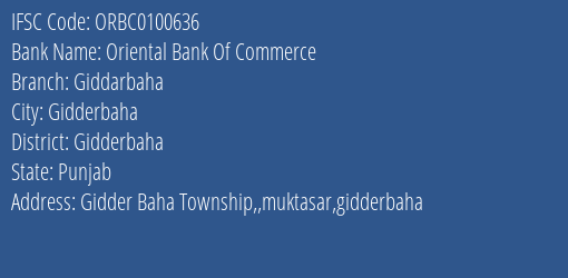 Oriental Bank Of Commerce Giddarbaha Branch Gidderbaha IFSC Code ORBC0100636