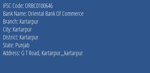 Oriental Bank Of Commerce Kartarpur Branch Kartarpur IFSC Code ORBC0100646